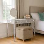 Bedroom with glass dressing table stool in sand boucle 