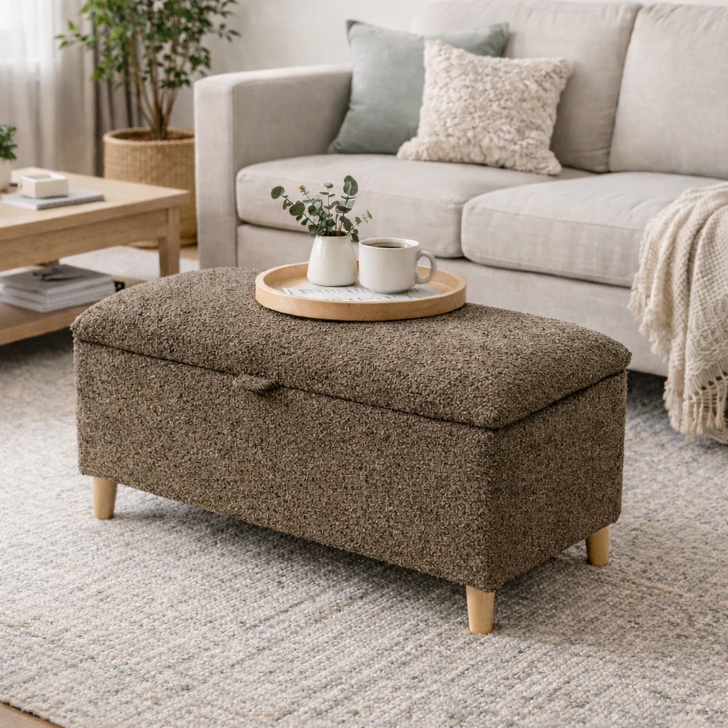 Brown storage ottoman in a living room with a coffee table and sofa.