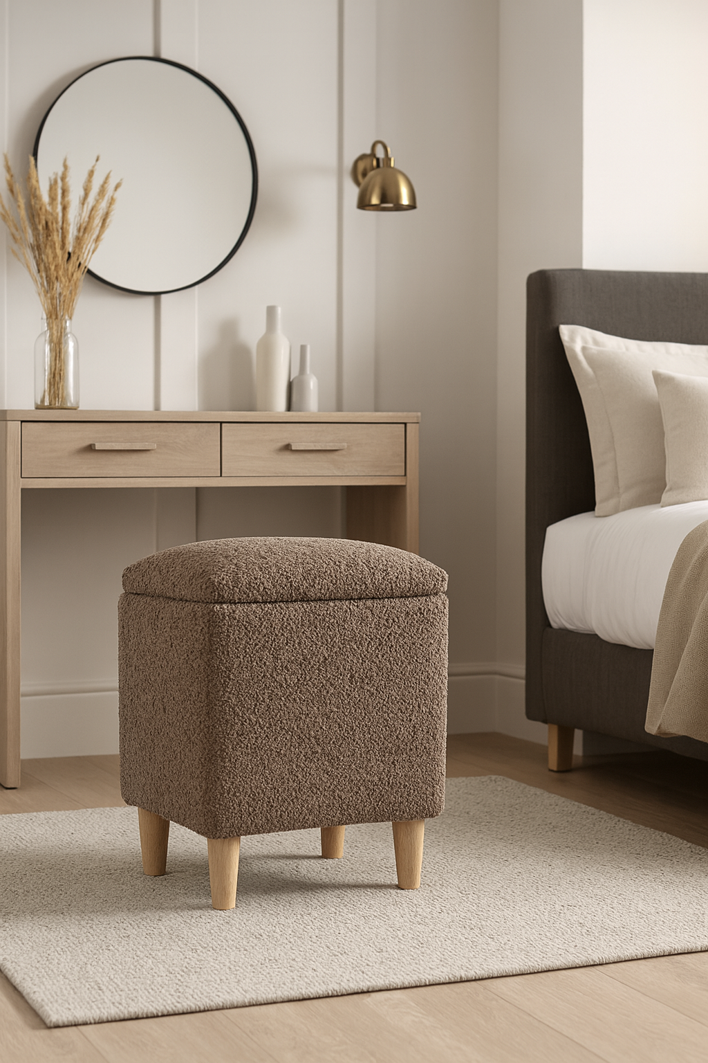 Sand coloured textured ottoman in a bedroom setting with a bed and desk.