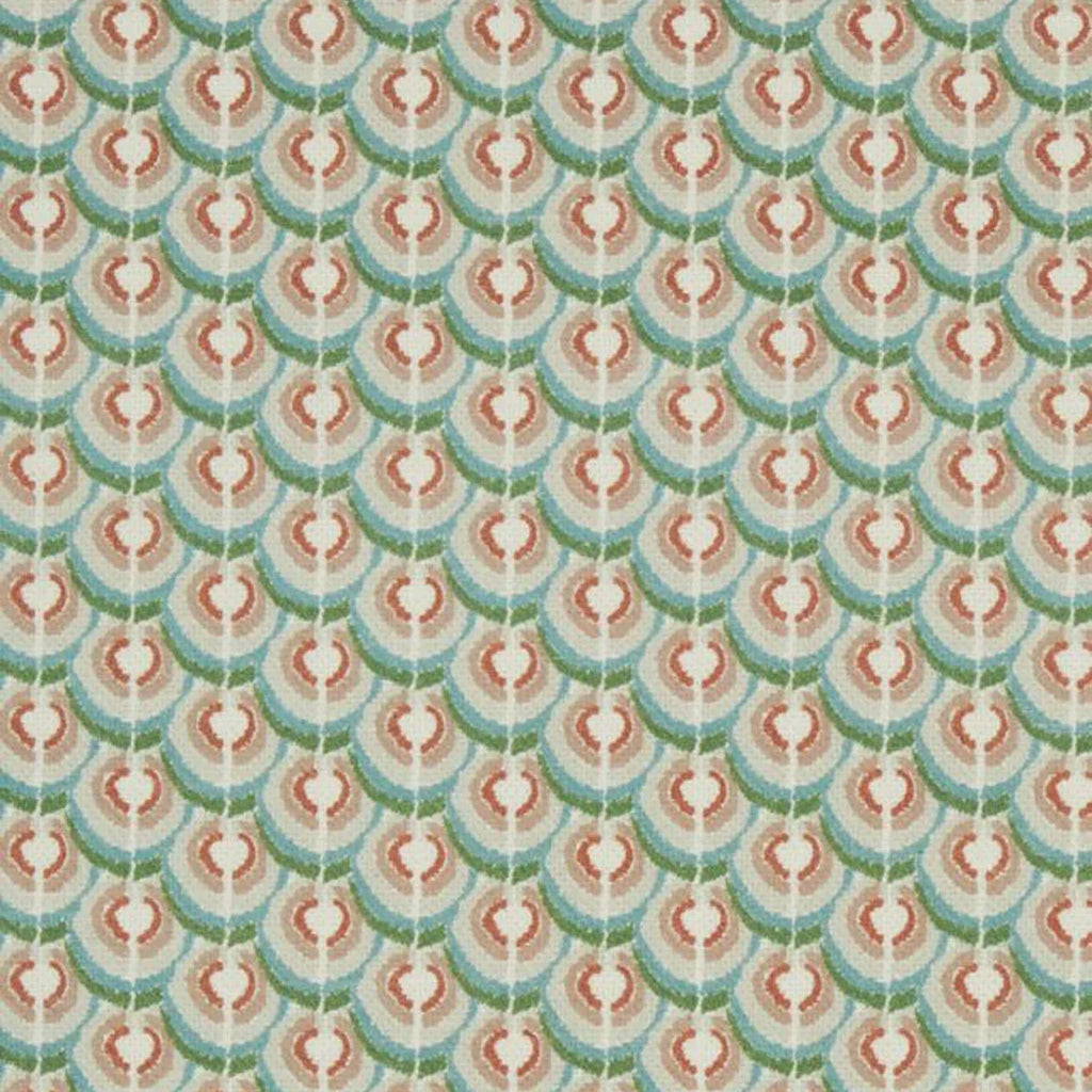 A repeating fabric or wallpaper pattern featuring stylized scalloped arches in muted sage green, dusty pink, cream, and off-white.