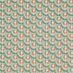 A repeating fabric or wallpaper pattern featuring stylized scalloped arches in muted sage green, dusty pink, cream, and off-white.
