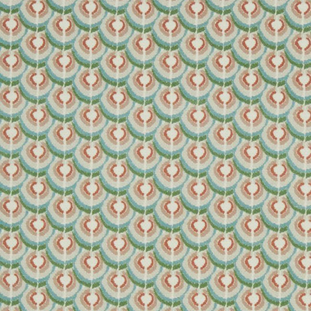 A repeating fabric or wallpaper pattern featuring stylized scalloped arches in muted sage green, dusty pink, cream, and off-white.
