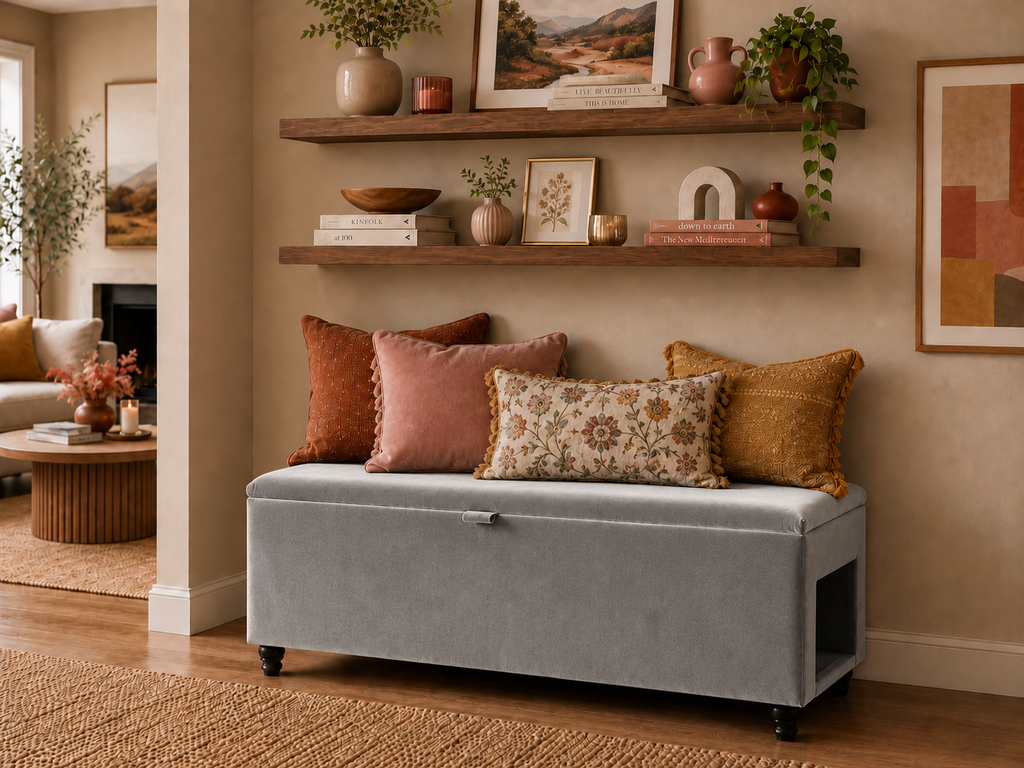 Slate Grey storage bench with a side pet opening and decorative pillows in a living room setting.