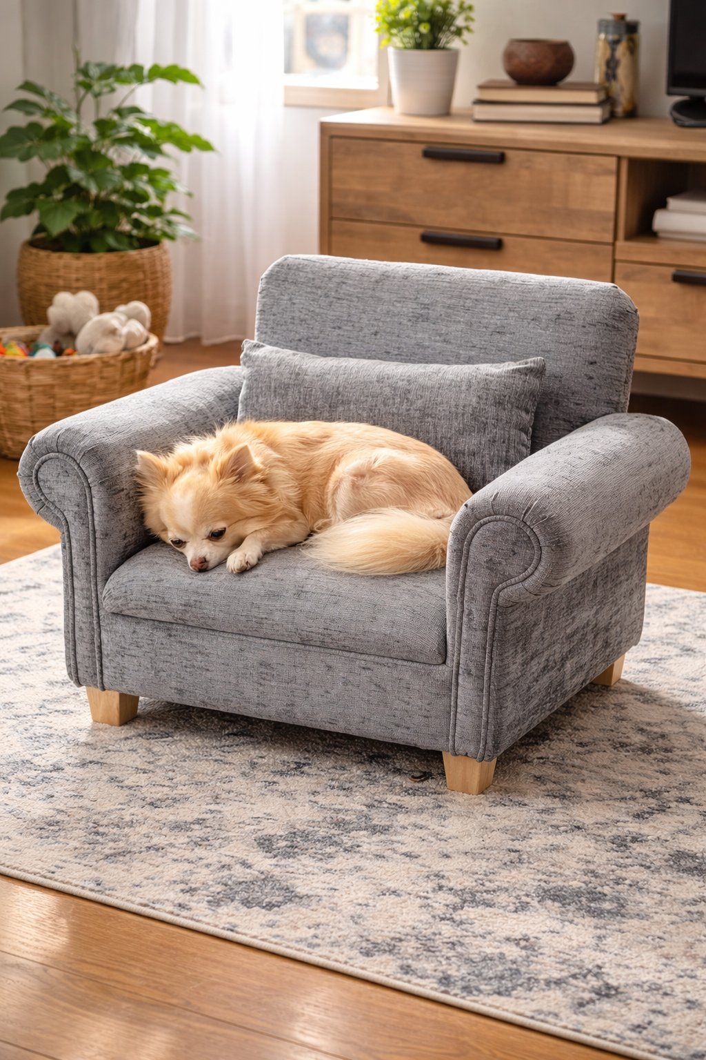 Small armchair with a chihuahua on in a living room setting with a coloured rug. 
