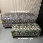 Two patterned storage benches labeled 'Storage Bench Height' and 'Footstool Height' against a neutral wall.