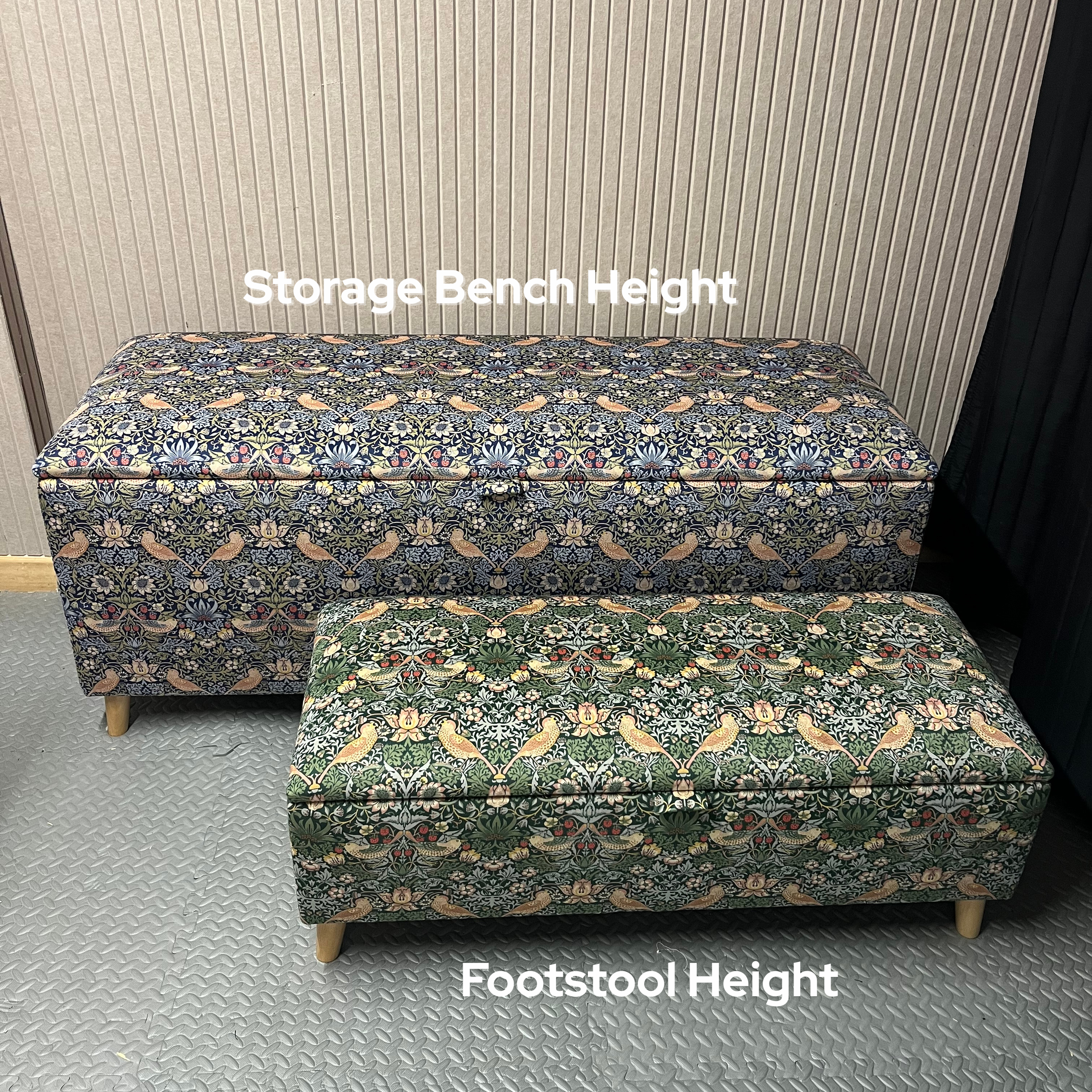 Two patterned storage benches labeled 'Storage Bench Height' and 'Footstool Height' against a neutral wall.