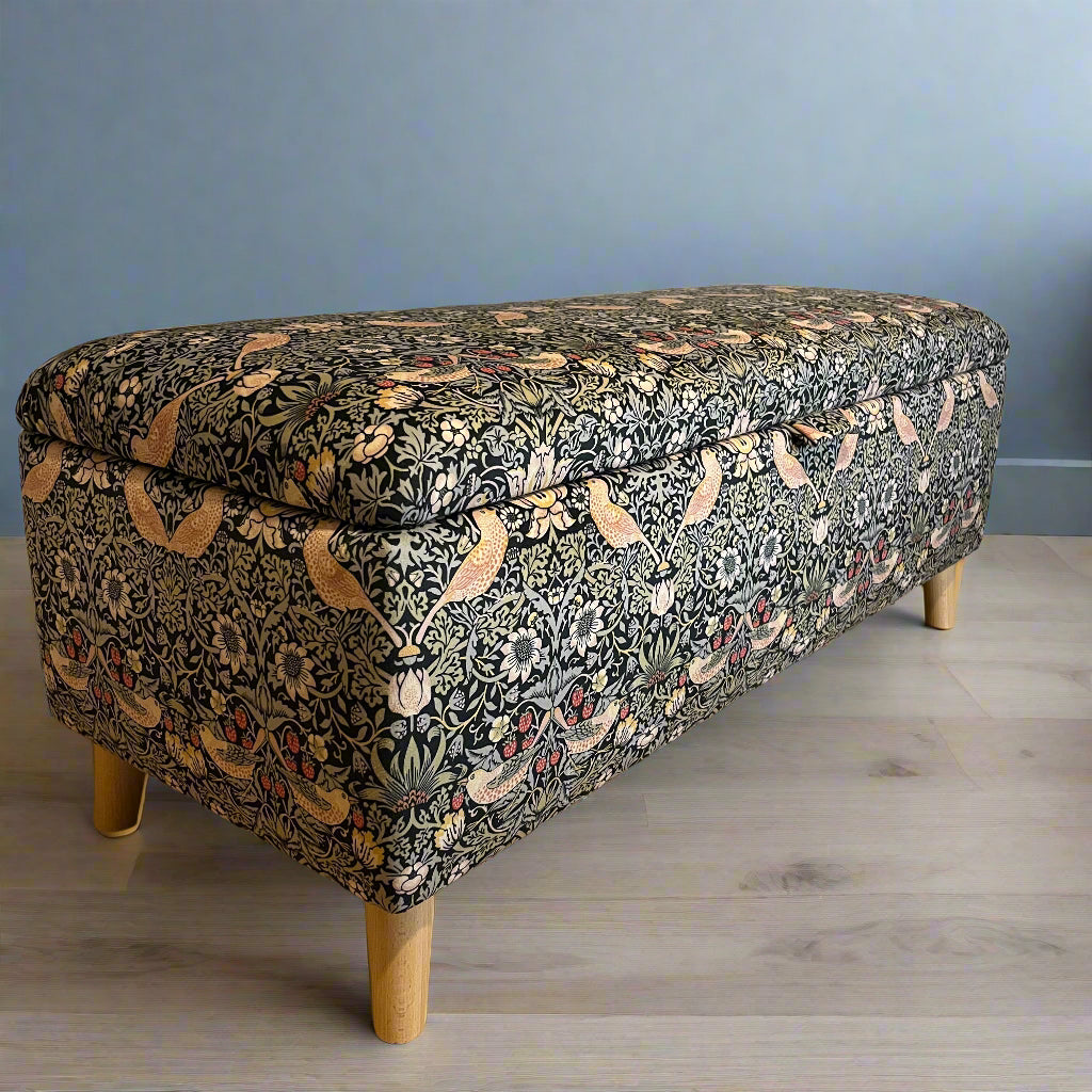 Storage Ottoman Footstool in Black Strawberry Thief Velvet