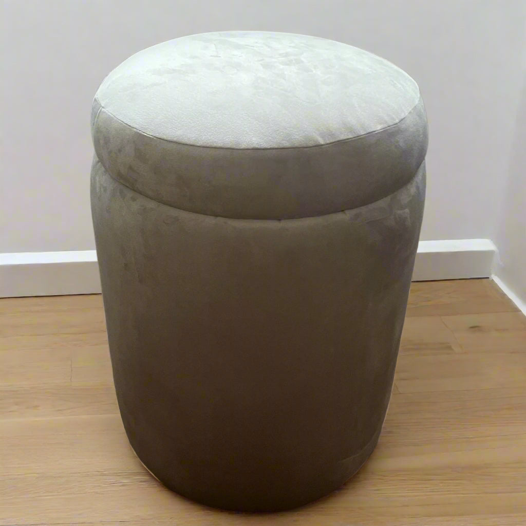 Coffee coloured storage stool in velvet fabric with thick removable seat
