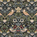 A rectangular storage ottoman upholstered in a beige William Morris floral velvet fabric with wooden bun feet.