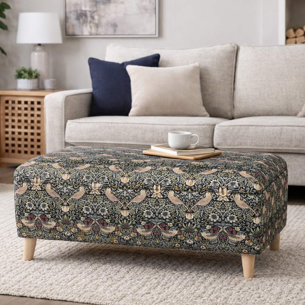 William Morris Strawberry thief Black storage ottoman footstool in a modern chic living room