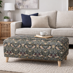 William Morris Strawberry thief Black storage ottoman footstool in a modern chic living room