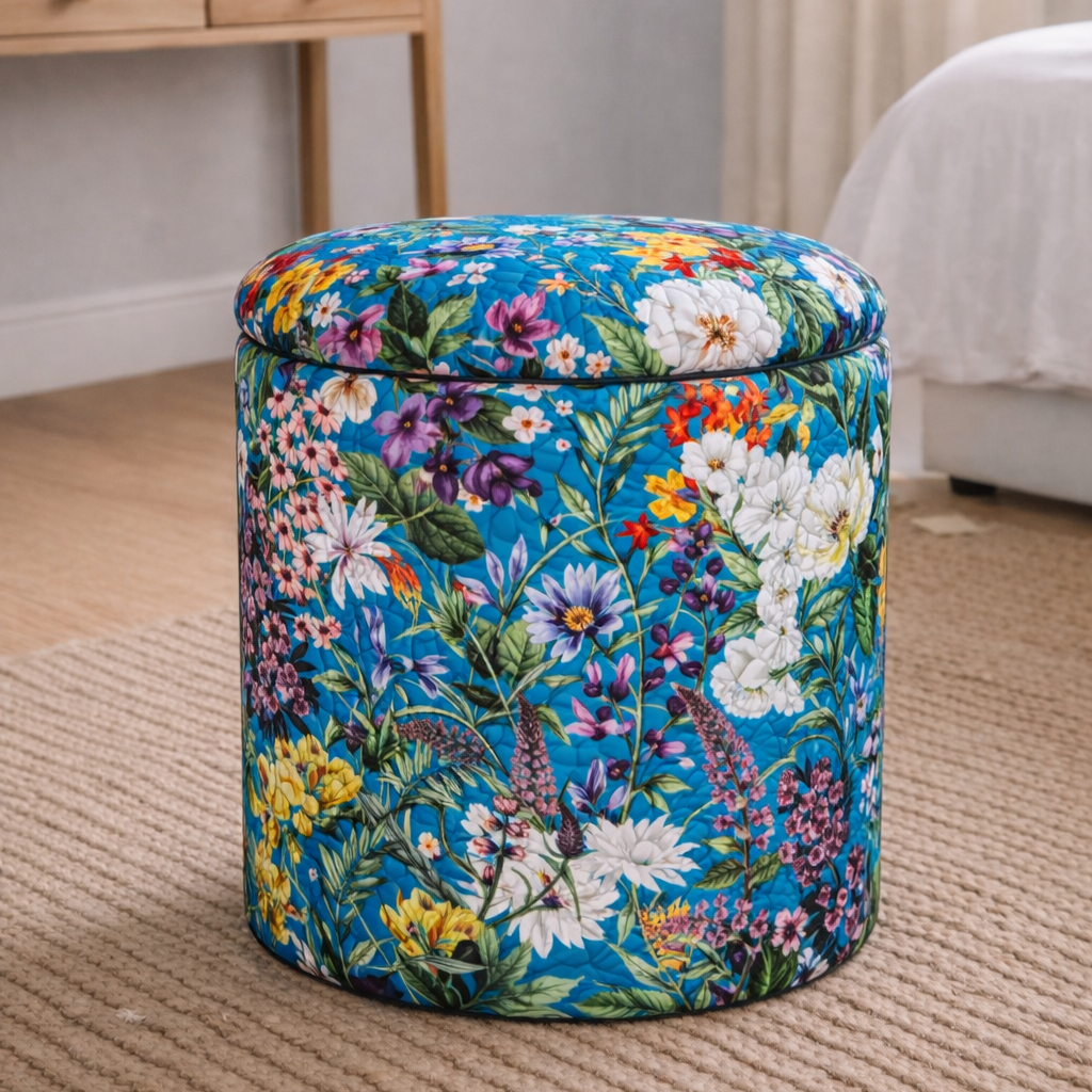 Floral-patterned ottoman in a room with a desk and window.