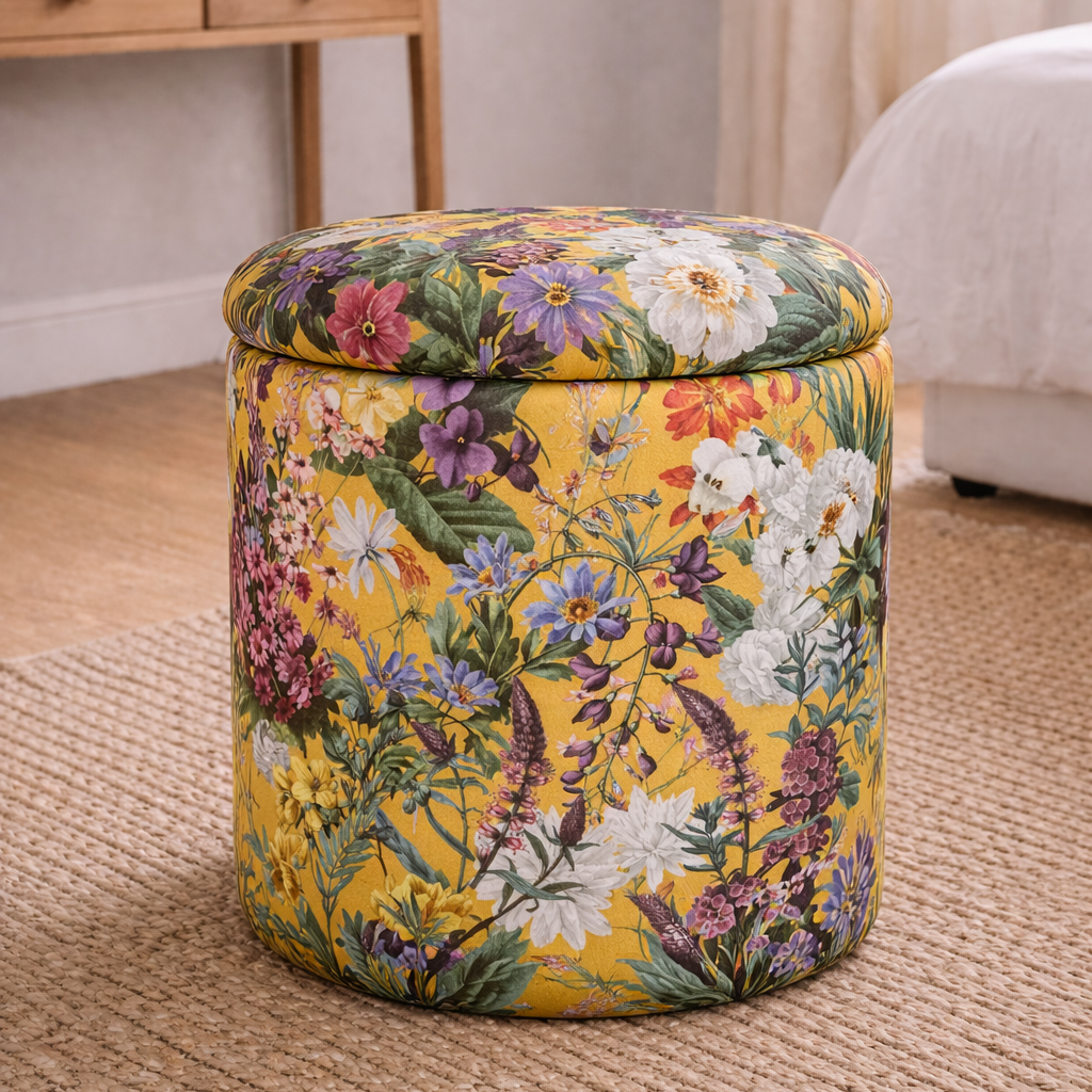 Floral-patterned storage ottoman in a room with a wooden desk and decorative items.