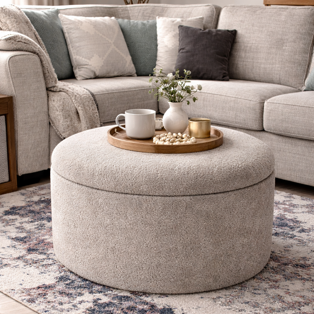 Storage ottoman in truffle boucle in a modern living room setting