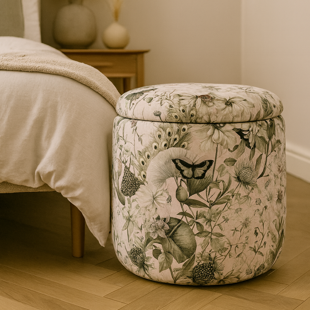 Decorative ottoman with floral pattern in a bedroom setting