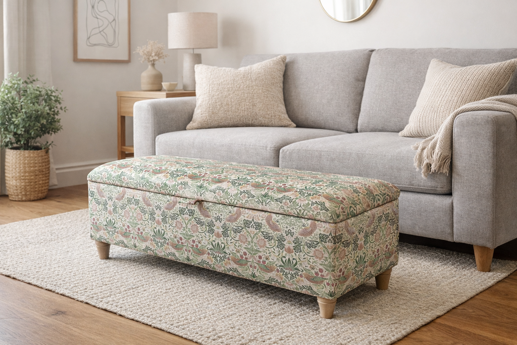 William Morris Storage Ottoman Footstool in a modern neutral living room