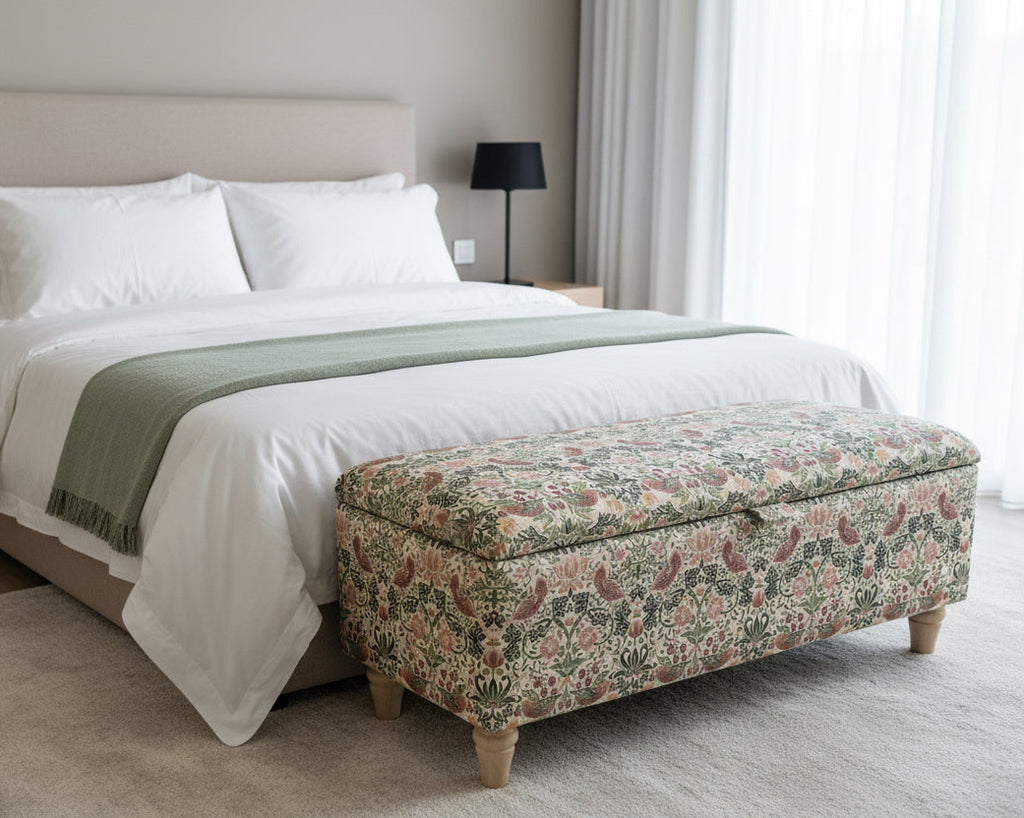 Bedroom with a  strawberry thief ottoman and minimalist styled bed..