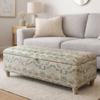 Storage ottoman footstool in vintage light William morris strawberry thief velvet in a modern simple living room