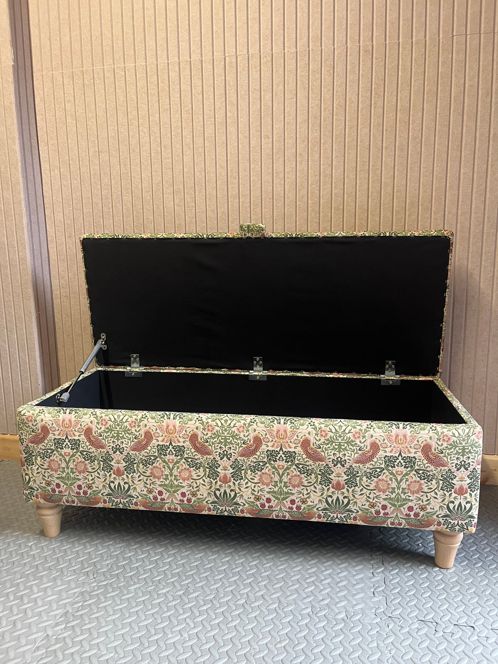 Open William Morris Storage Ottoman in Heritage Strawberry Thief Velvet print