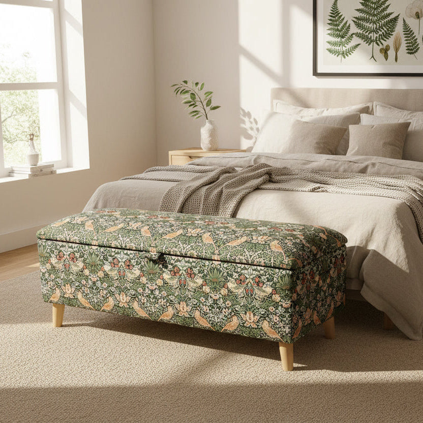 Floral-patterned strawberry thief ottoman in a bedroom with modern bedding and decor.