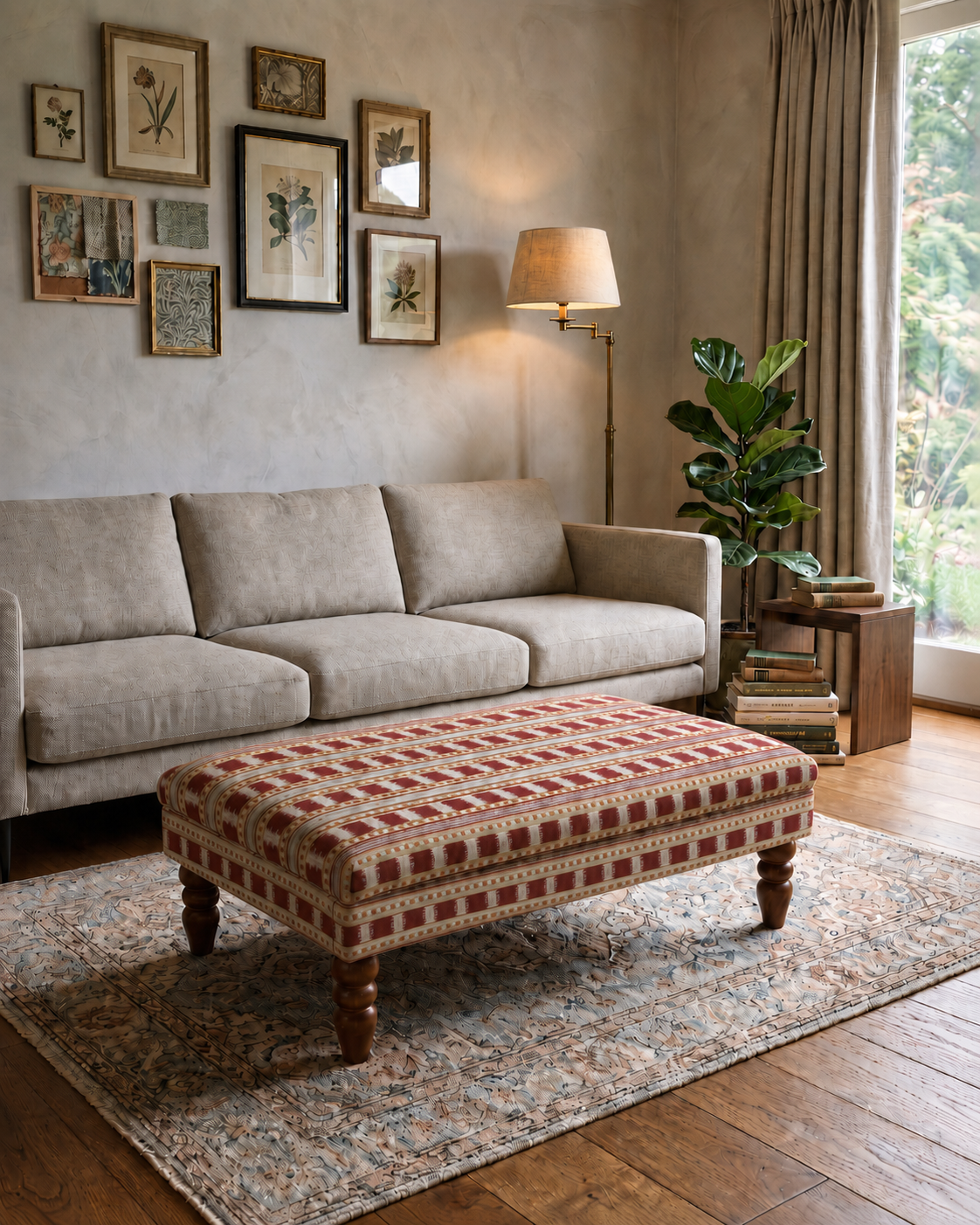 A styled living room featuring a beige fabric sofa and a patterned rectangular ottoman with red, beige, and brown geometric designs. The scene is set on a traditional patterned rug over wooden floors, with a floor lamp, wall art, and a window in the background.