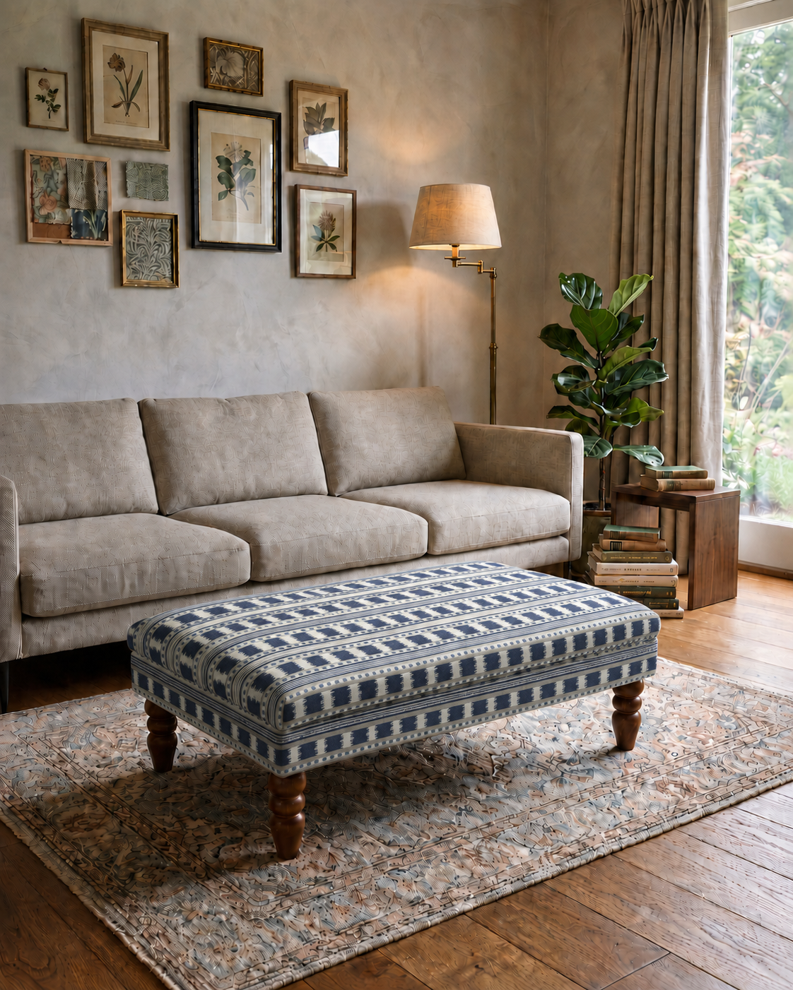 A styled living room scene featuring a beige fabric sofa and a patterned blue-and-white upholstered ottoman with wooden legs, set on a large area rug in a warm, rustic interior.