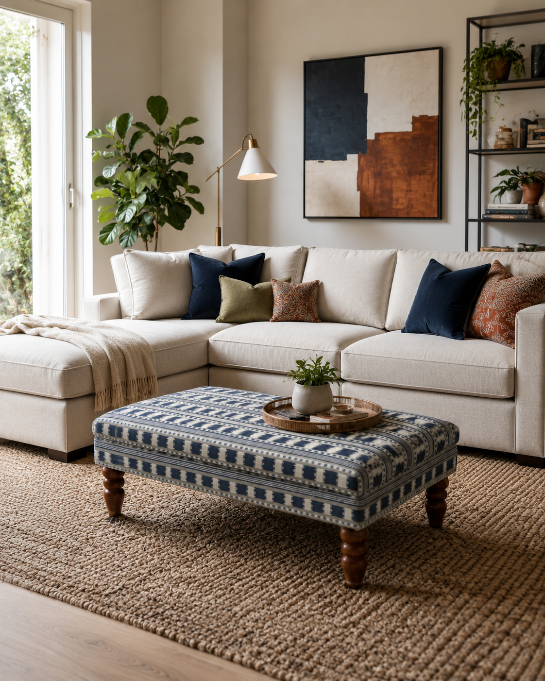A styled living room featuring a cream sectional sofa with navy, olive, and brown accent pillows, a matching patterned ottoman coffee table, a large woven area rug, and a beige wall with abstract wall art.