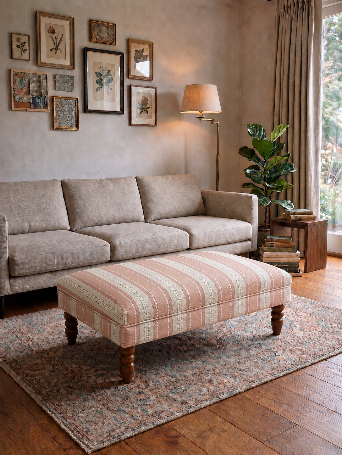 Living room with coffee table footstool in pink wavy stripe by Linwood Dimity fabric