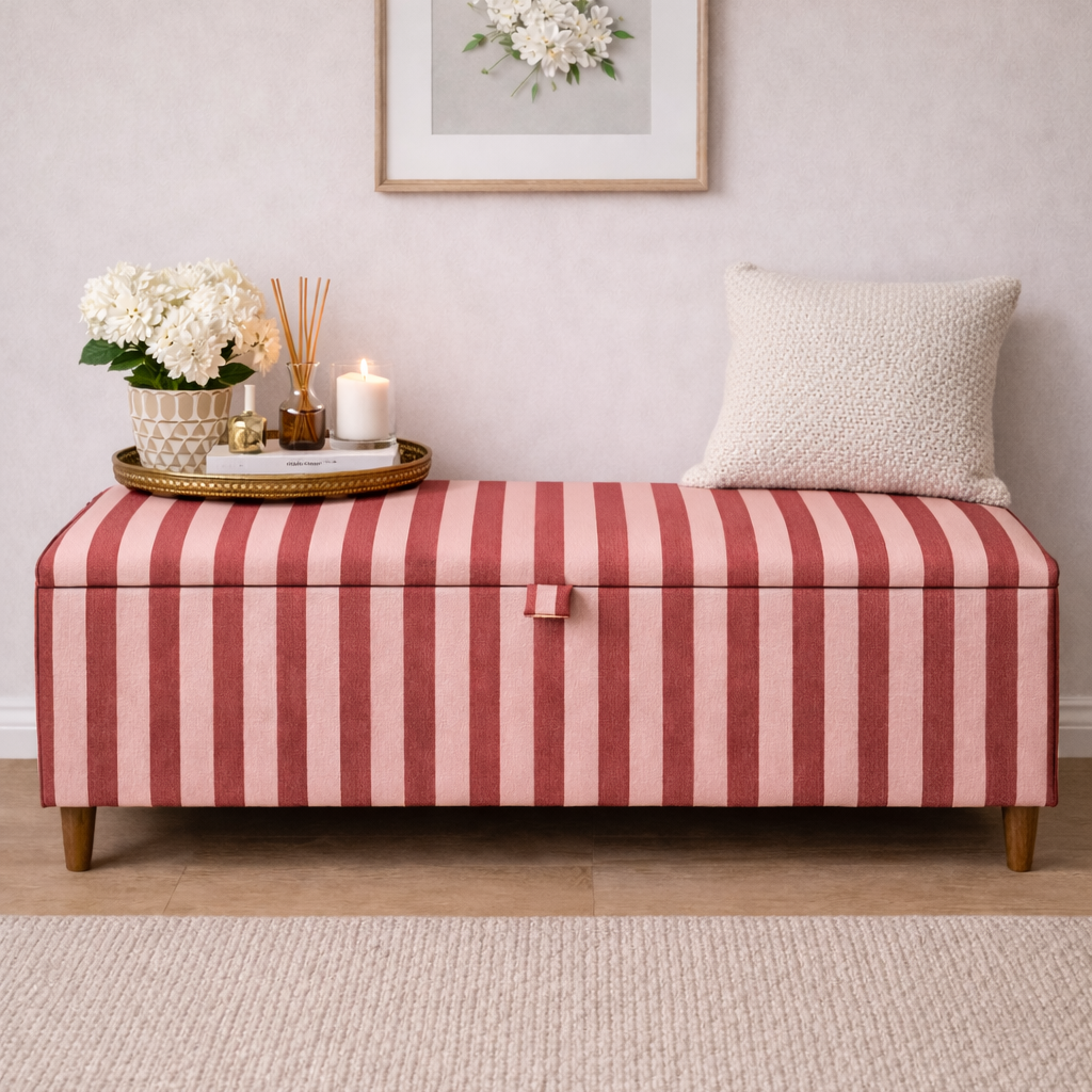 Striped ottoman with a pillow and small table in a room with a framed picture on the wall.