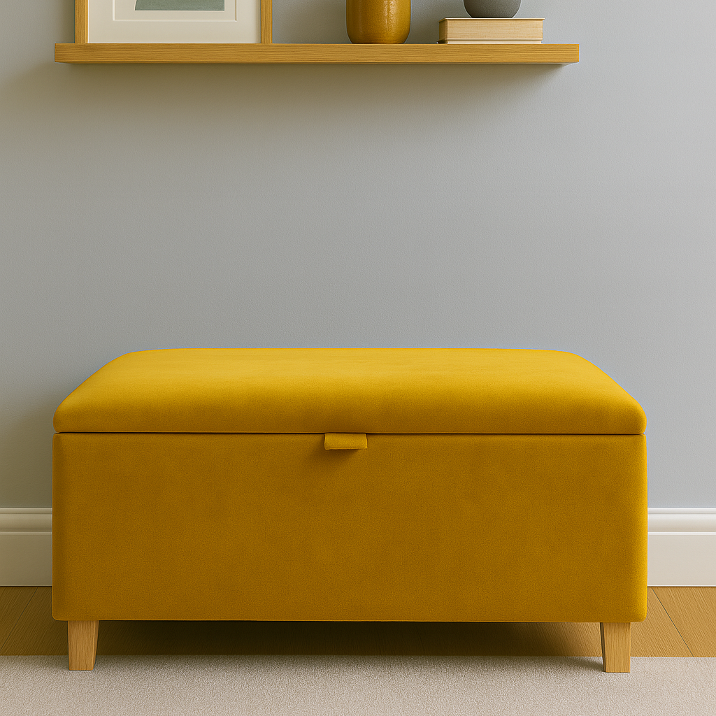 Yellow storage ottoman in a room with a shelf featuring a framed picture, vase, and plant.