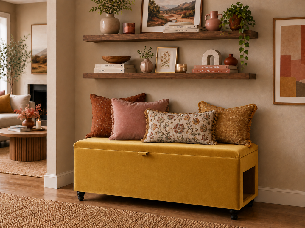 Yellow storage bench with side pet opening for an interior pet house. Styled with decorative pillows in a living room setting.