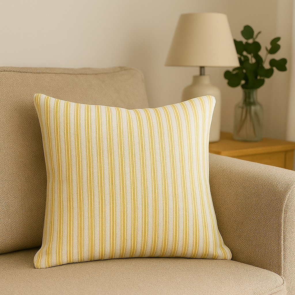 Striped yellow and white pillow on a beige couch with a lamp and plant in the background.