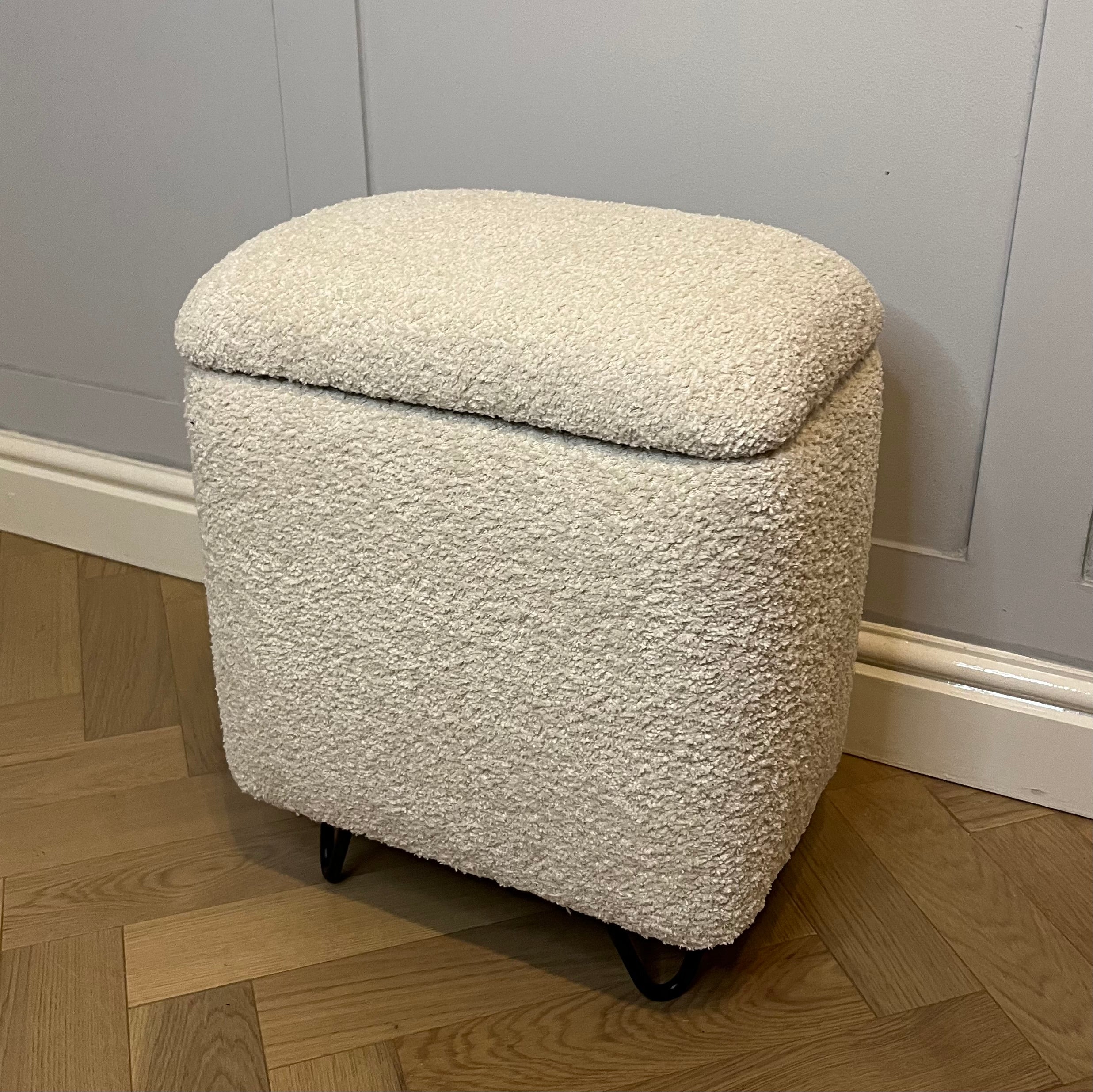 Oyster Teddy boucle vanity storage chair with black hair pin legs
