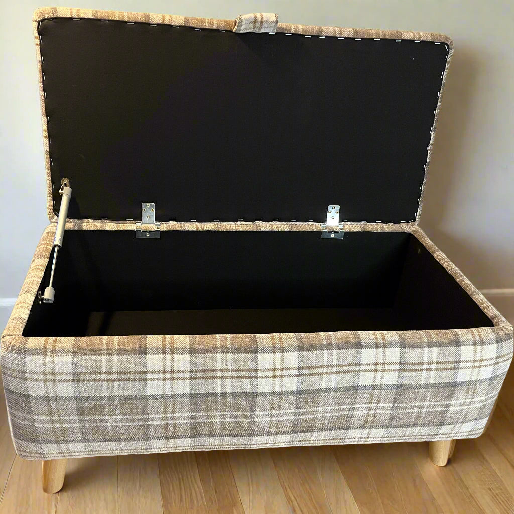 beige storage ottoman trunk with cream checks open with gas strut hinges