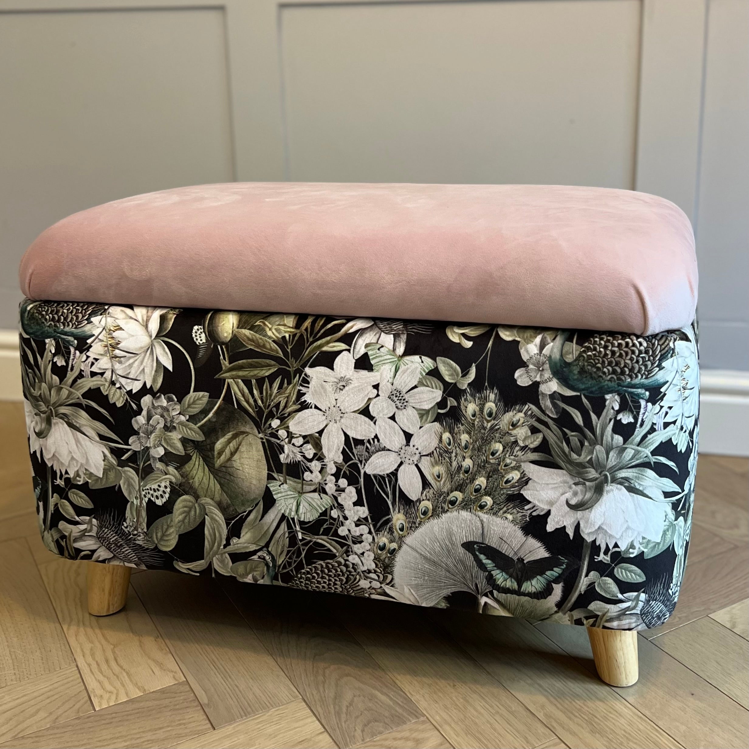black utopia floral storage ottoman box with pink lid and turned wooden legs
