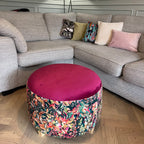 bold maximalist footstool coffee table in pink with pink and green velvet floral prints 
