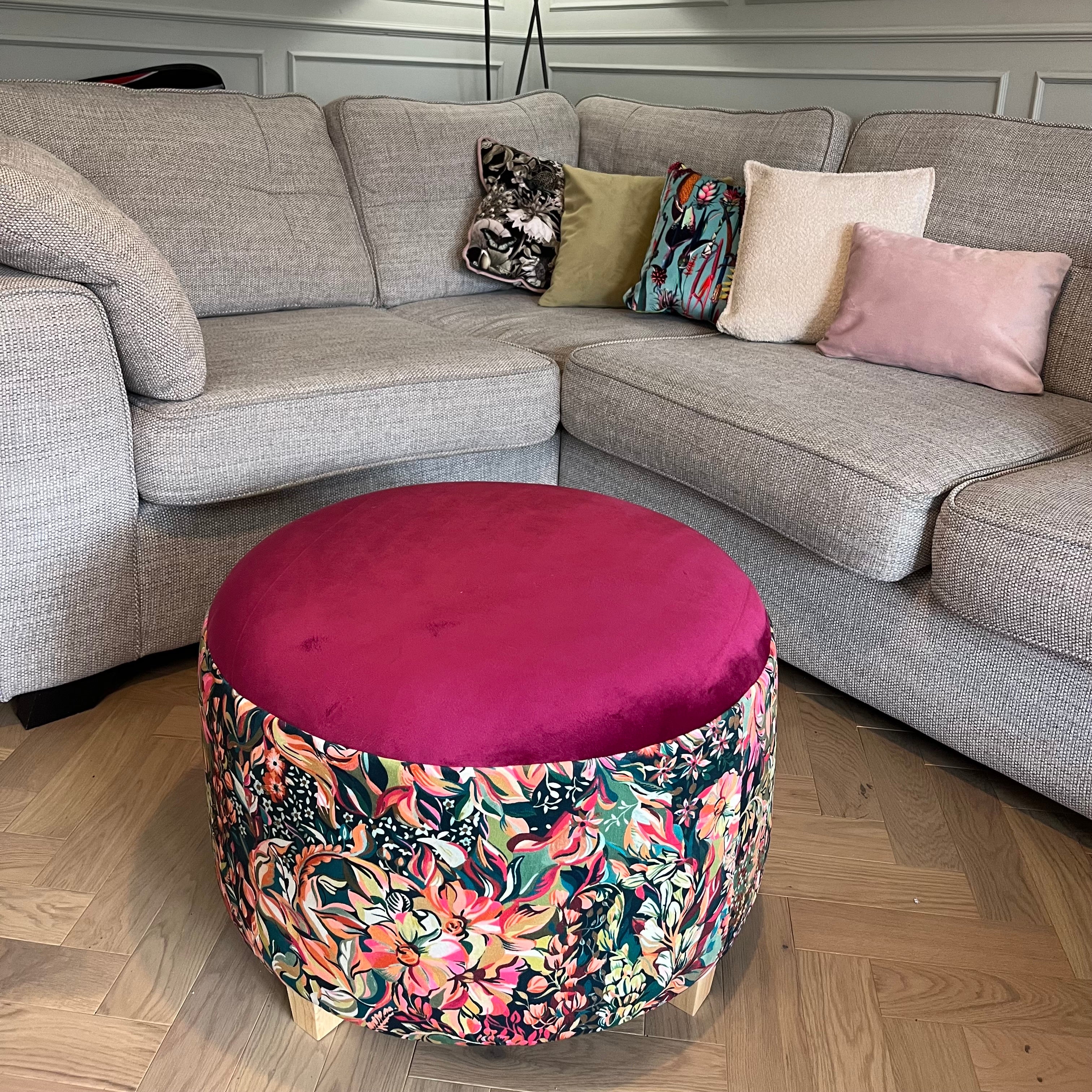 bold maximalist footstool coffee table in pink with pink and green velvet floral prints 