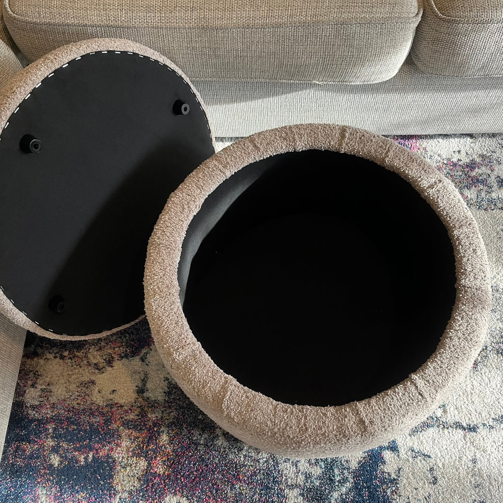 Round storage footstool coffee table open in boucle fabric