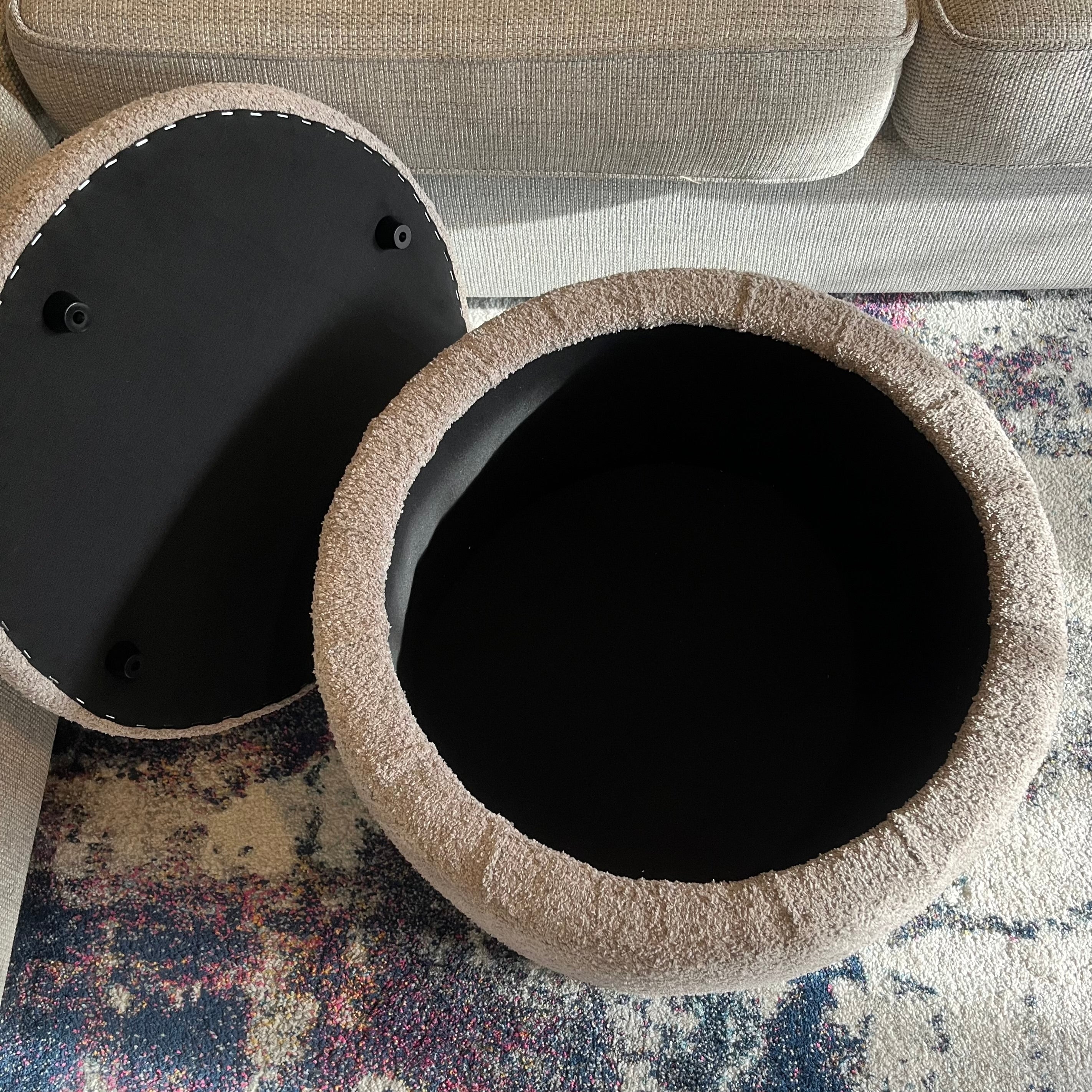 Round storage footstool coffee table open in boucle fabric