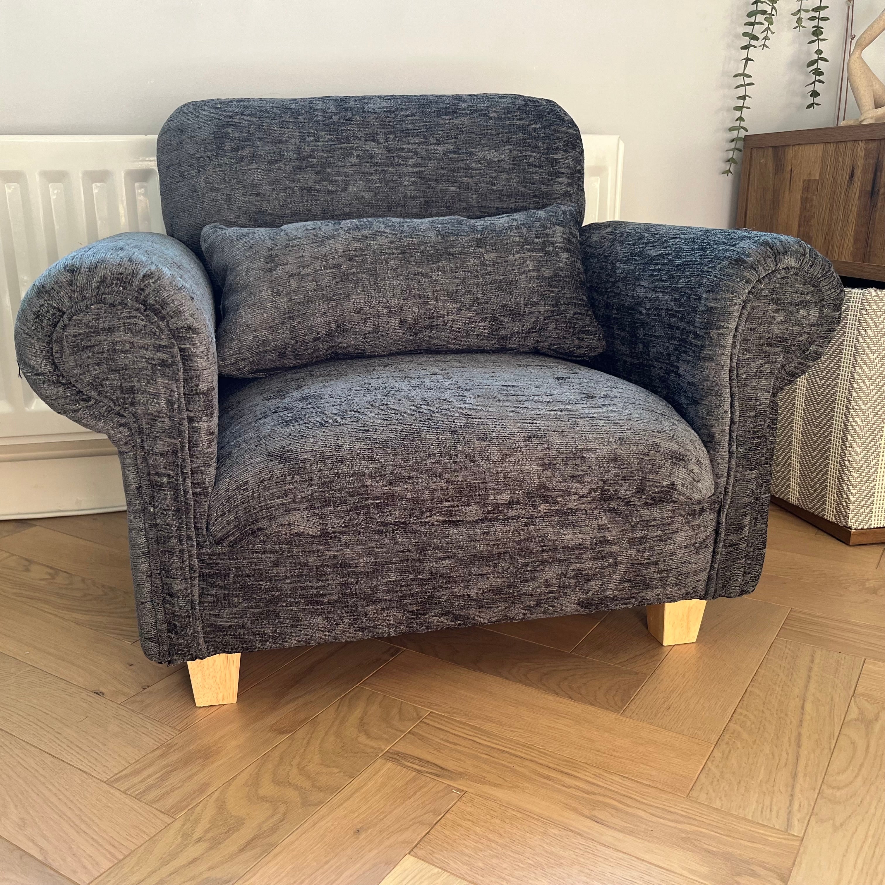 mini dog sofa with cushion in charcoal chenille fabric
