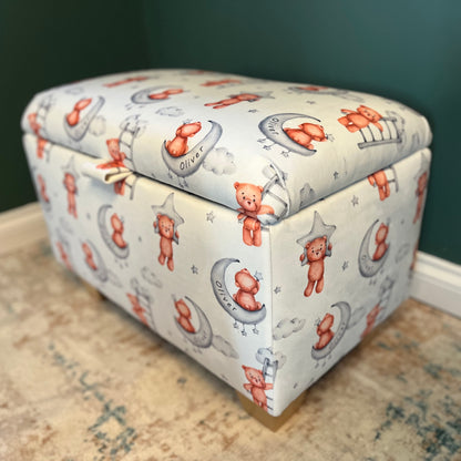 soft velvet kids storage box with gas strut hinges to keep the lid open