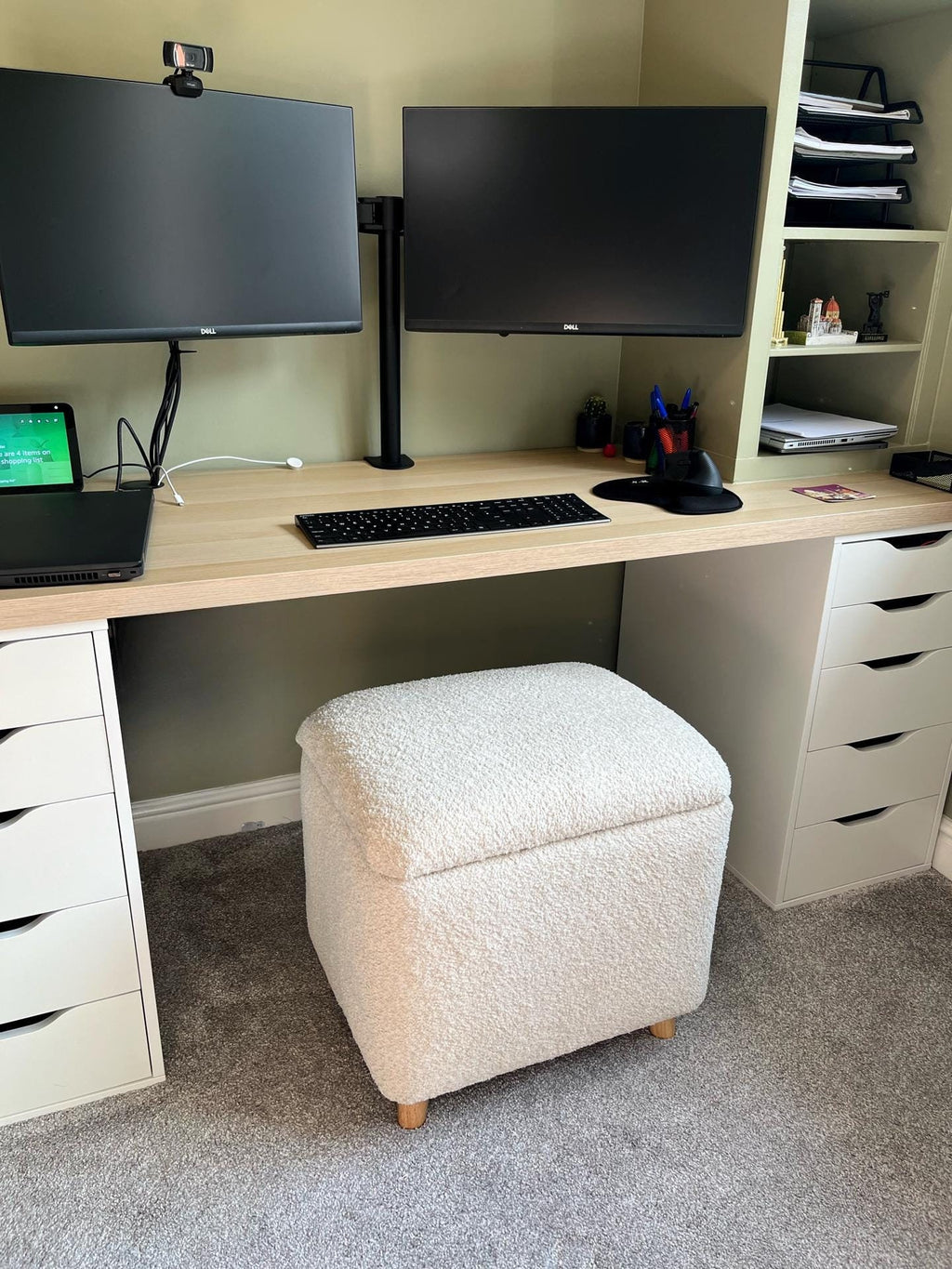 cream dressing table desk chair in teddy soft boucle fabric and wooden angled legs