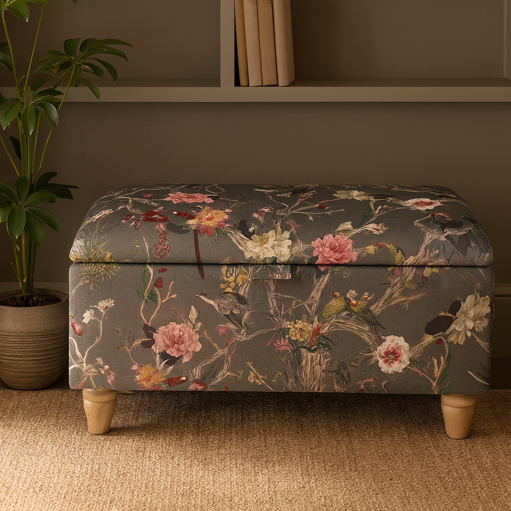 Floral-patterned storage bench in a room with shelves, books, and a plant.