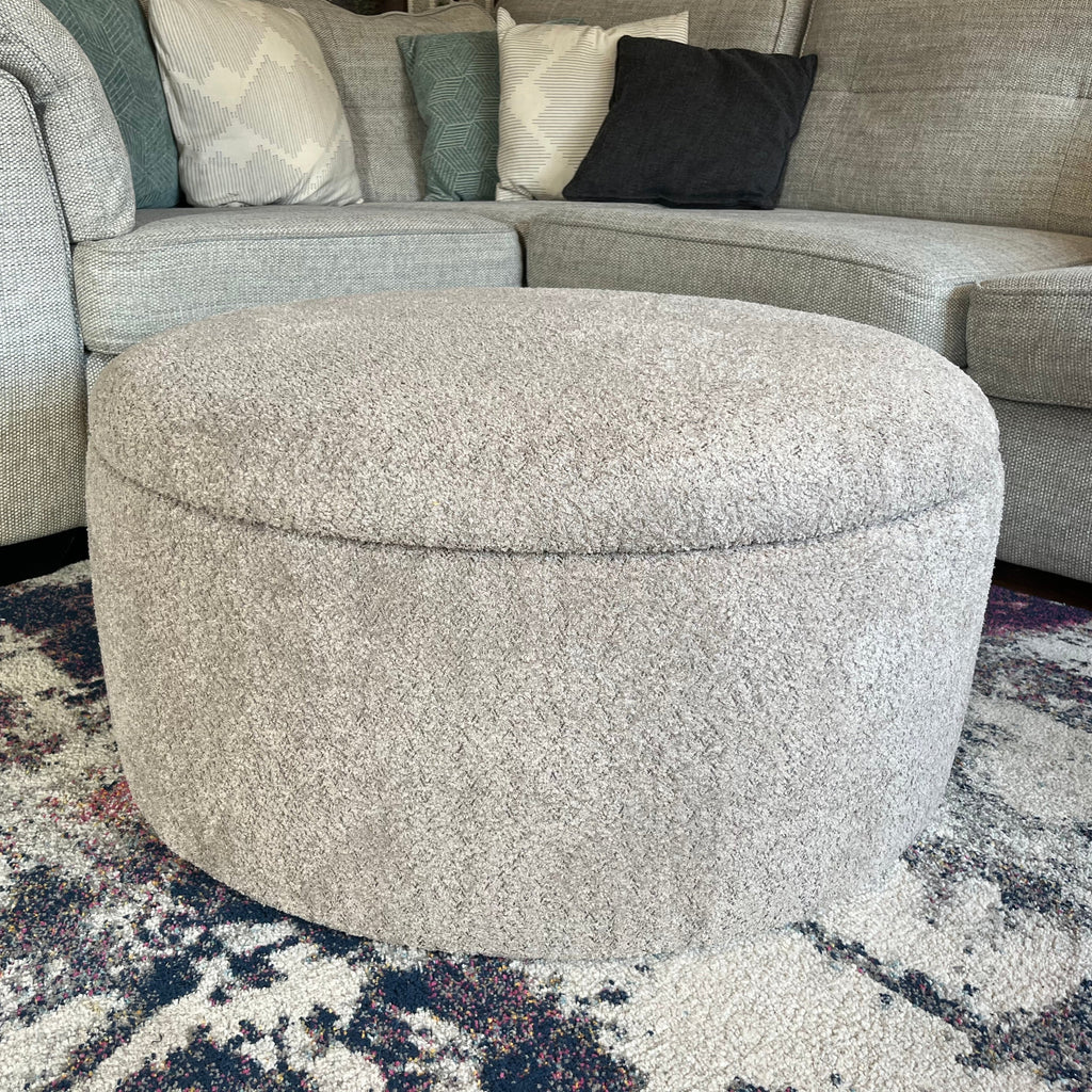round fluffy ottoman footstool with storage in truffle greige boucle fabric