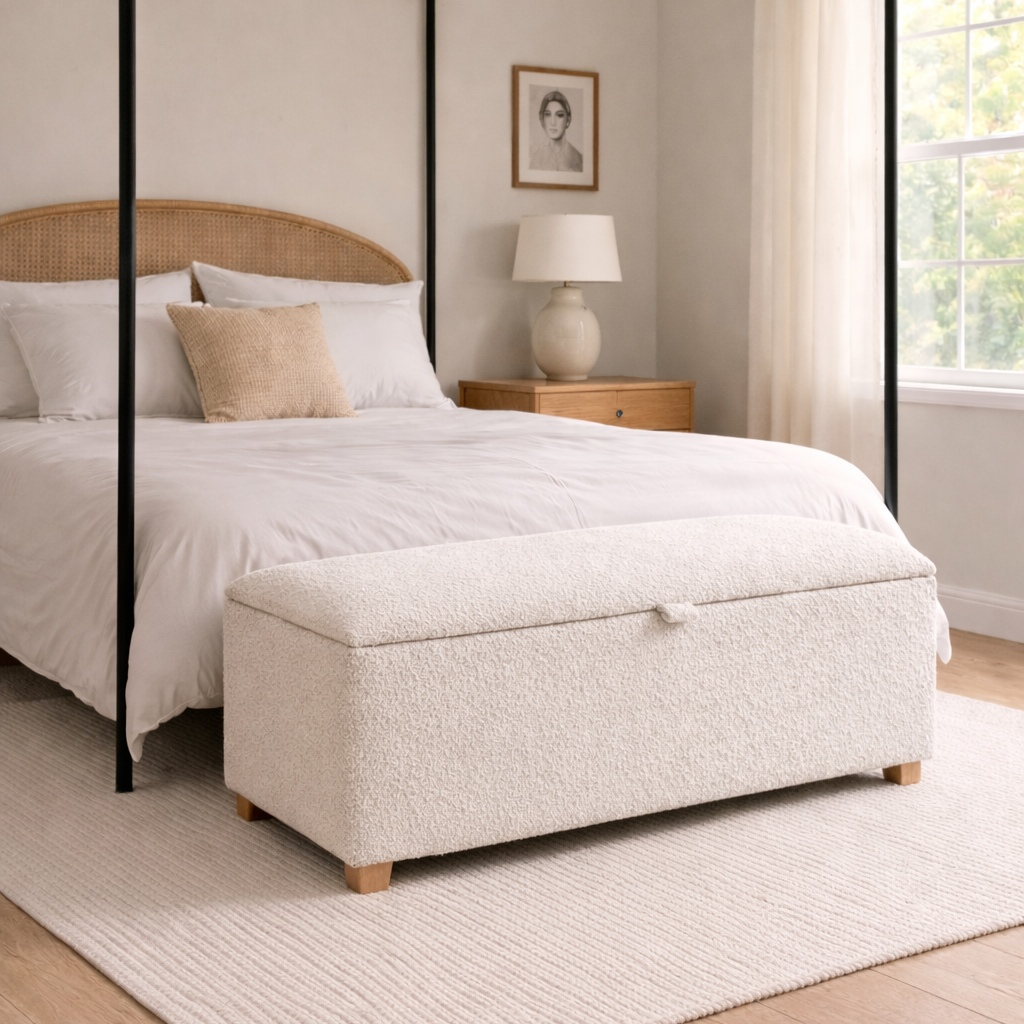 Bedroom with a canopy bed, white bedding, and a lamp on a nightstand.