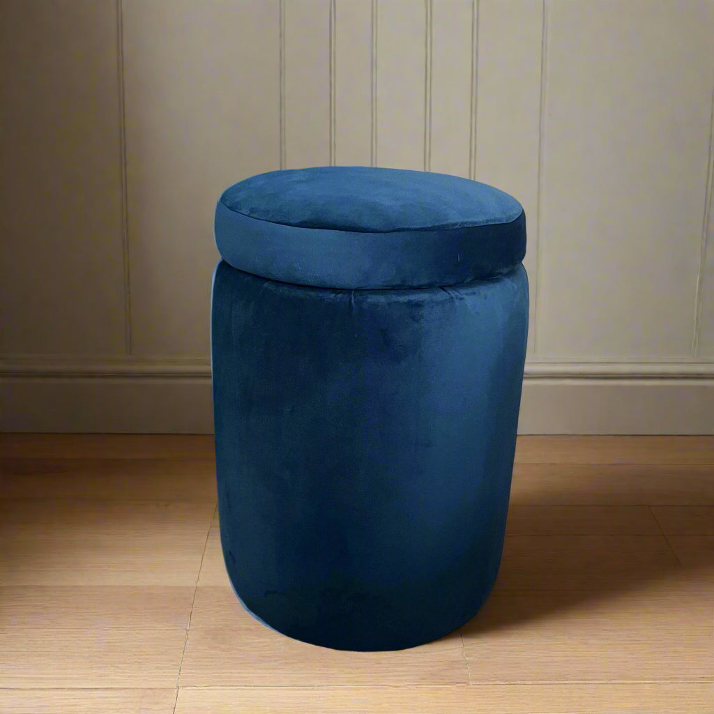 dressing table stool with storage in navy blue velvet fabric
