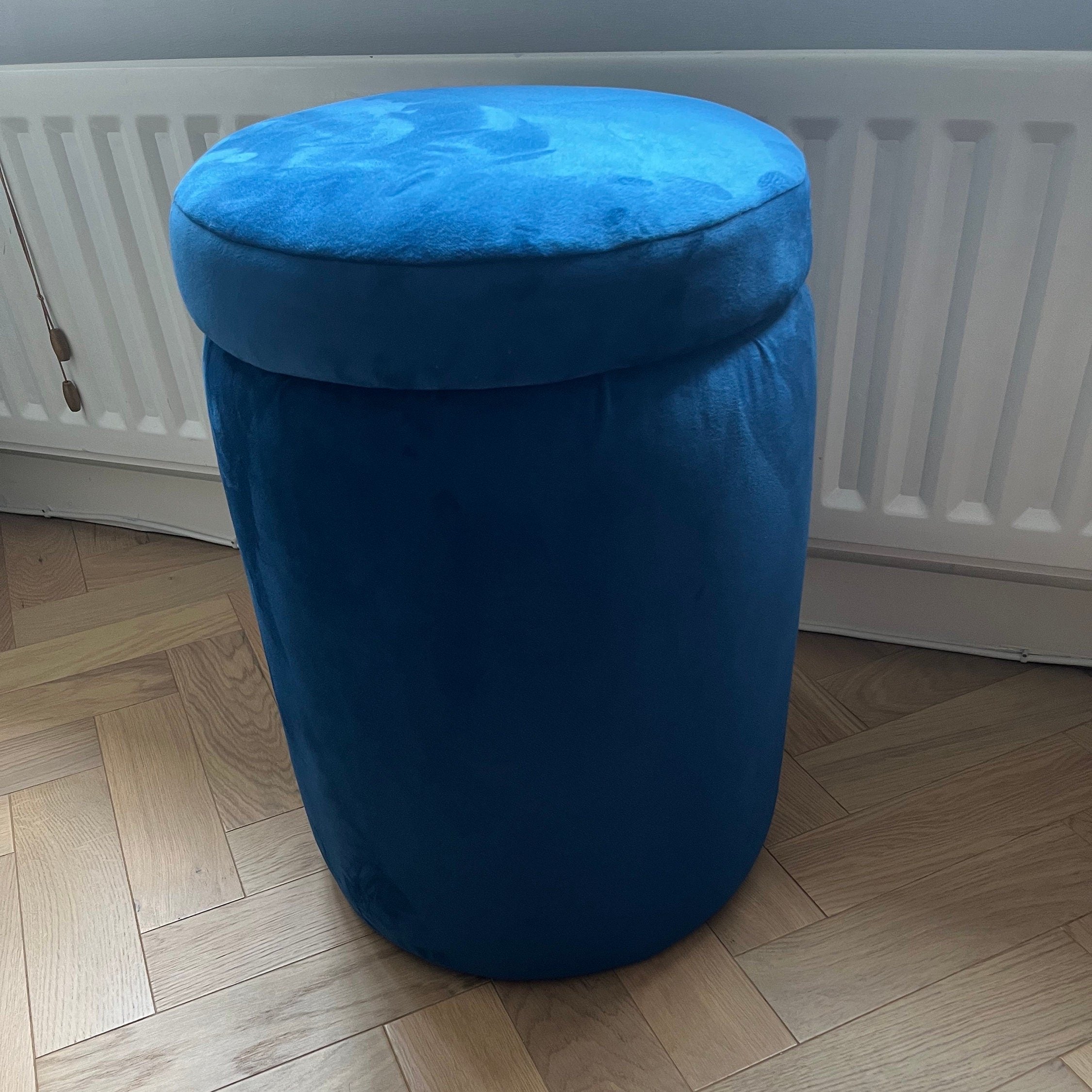 navy blue vanity stool storage pouffe in plush blue fabric