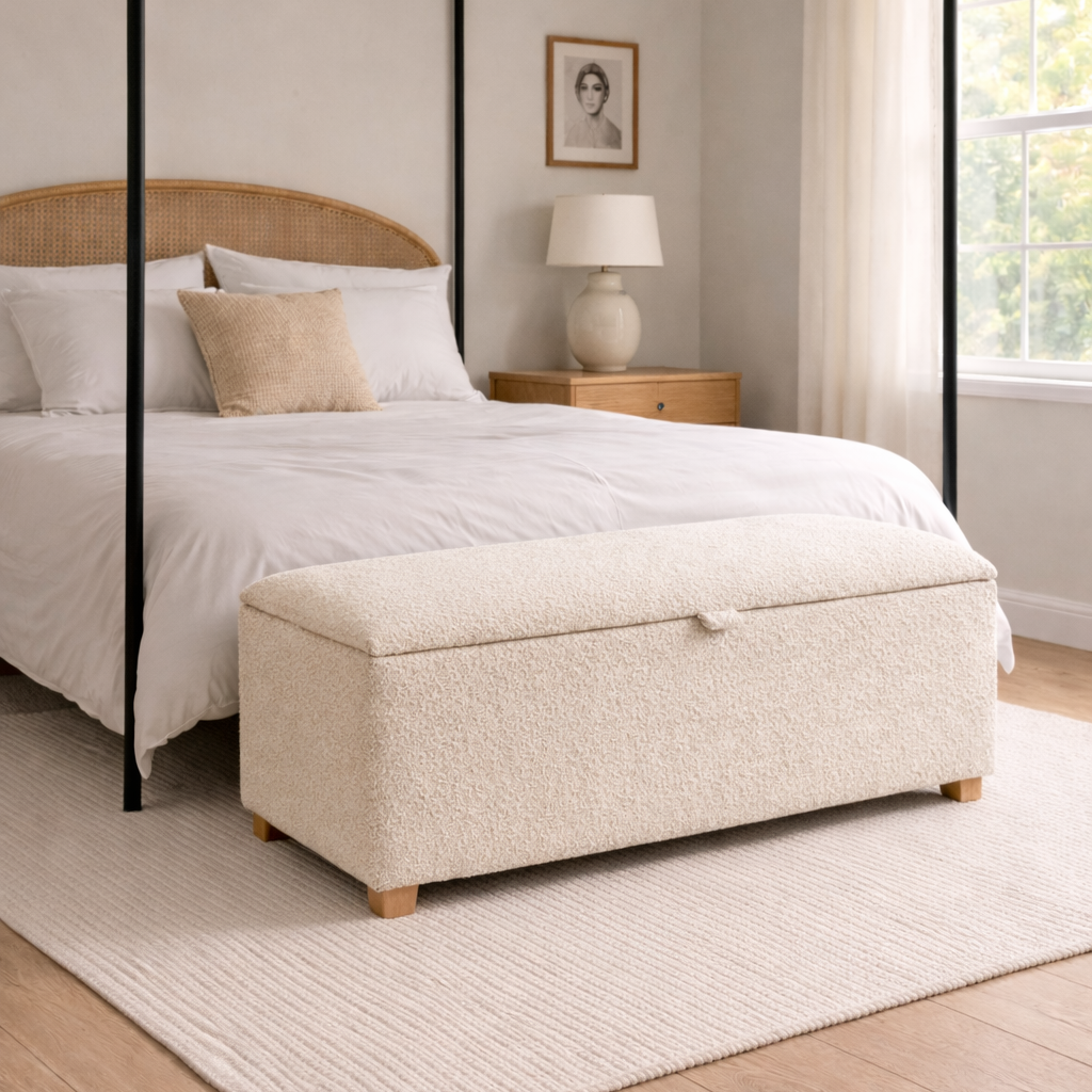 Bedroom with a canopy bed, ottoman, and lamp.