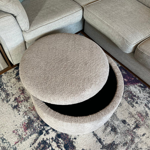 partially open storage pouffe footrest with removable cushioned lid