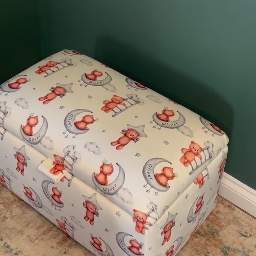 opening of custom name teddy bear childrens toy box with strong opening and closing for kids safety